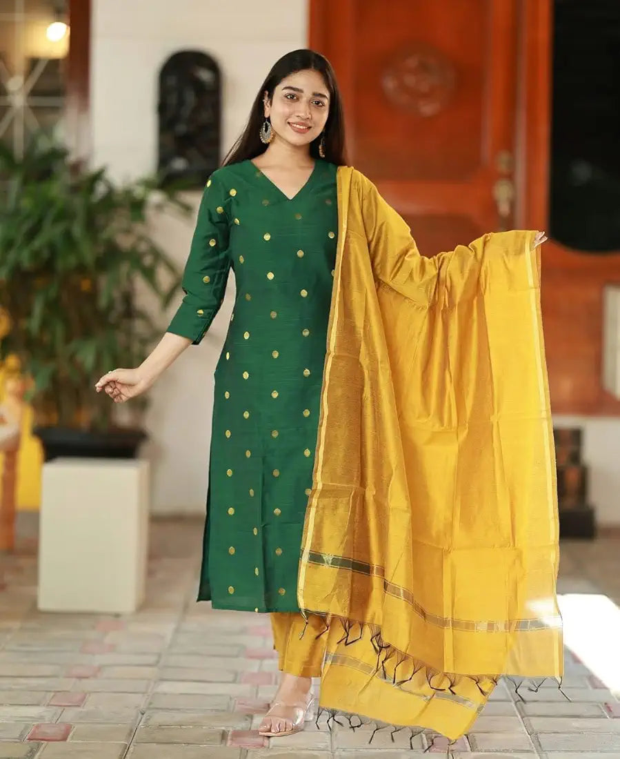 GoSriKi Women's 3 Piece Kurta Pant Dupatta Set | Silk Cotton Kurta Sets for Woman | Kurti Set for Woman | Elegant Suit Set for Women Cotton | Women Kurta Sets with Dupatta Cotton