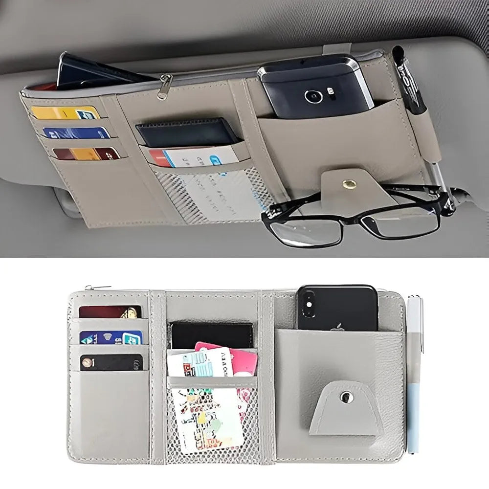 Car Sun Visor Organizer – PU Leather Multi-Pocket Storage Holder for Sunglasses, Cards, Pens & Documents – Universal Fit with Zipper Pouch, Mesh Slot & Secure Strap 