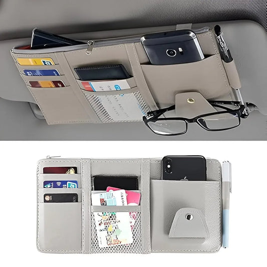 Car Sun Visor Organizer – PU Leather Multi-Pocket Storage Holder for Sunglasses, Cards, Pens & Documents – Universal Fit with Zipper Pouch, Mesh Slot & Secure Strap 