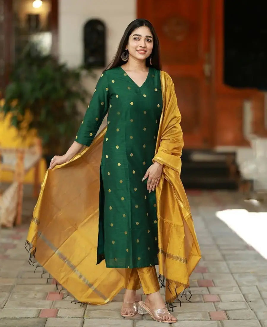 GoSriKi Women's 3 Piece Kurta Pant Dupatta Set | Silk Cotton Kurta Sets for Woman | Kurti Set for Woman | Elegant Suit Set for Women Cotton | Women Kurta Sets with Dupatta Cotton