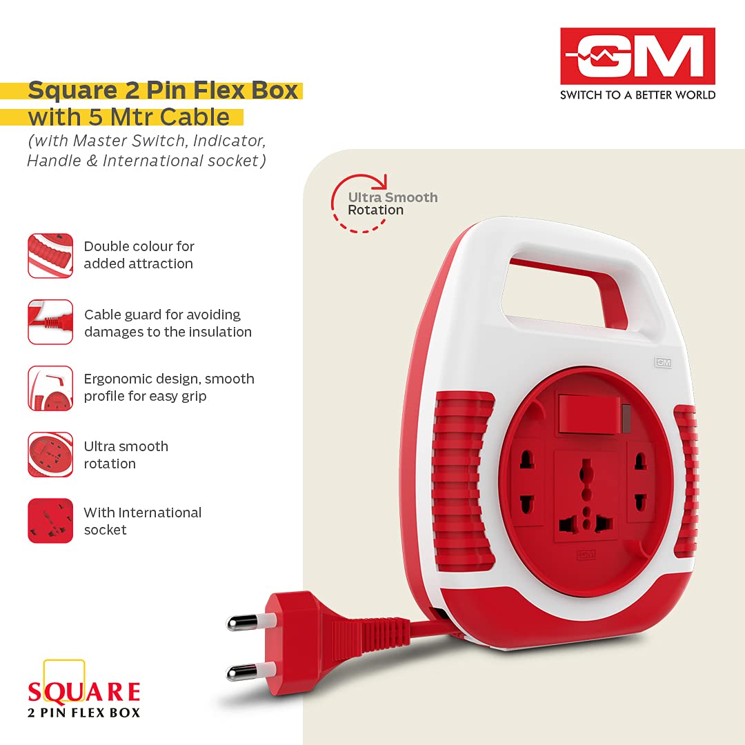GM 3040 Square Flex Box – 3-Socket 2‑Pin Extension Cord with Handle, LED Indicator & International Socket (5 m, Polycarbonate)