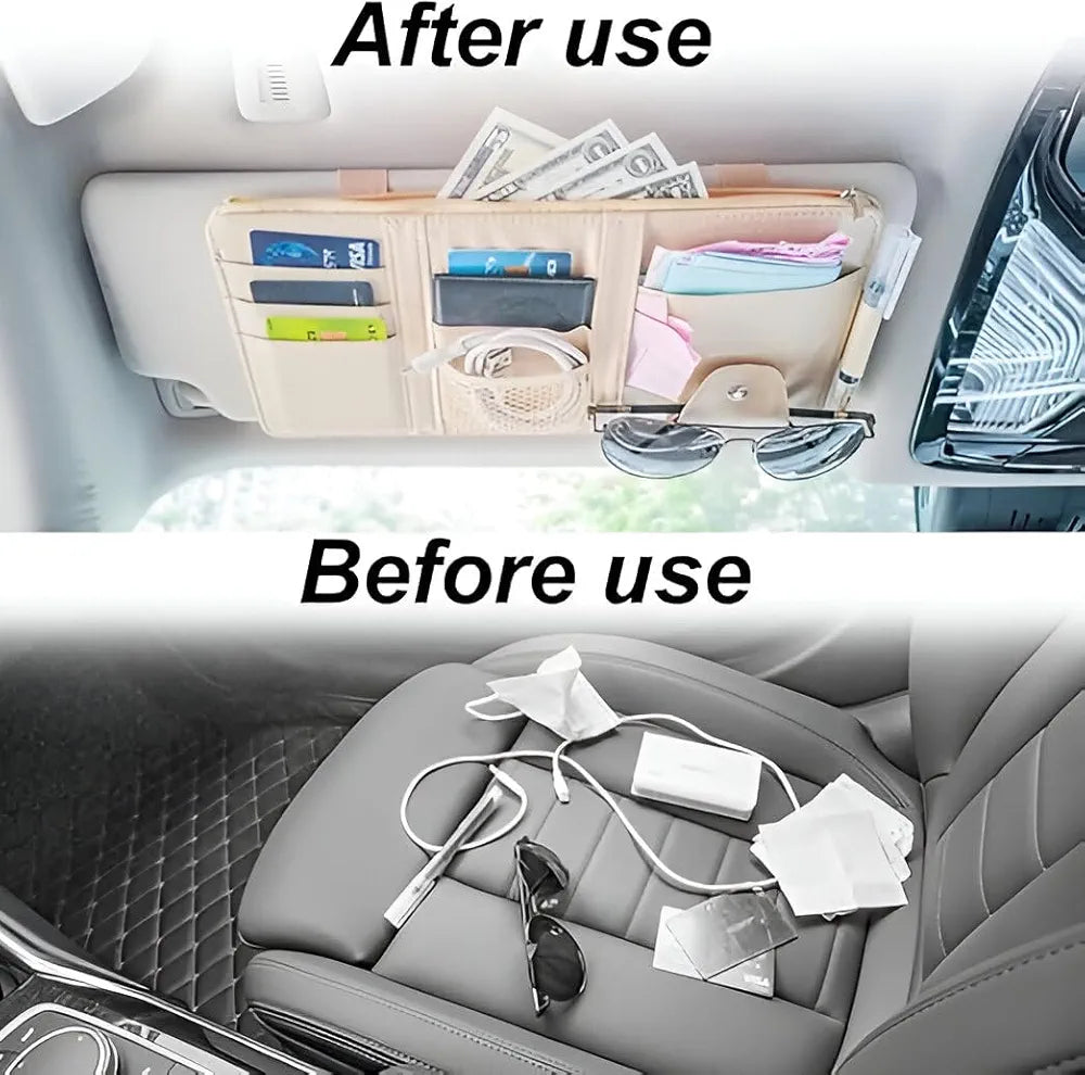 Car Sun Visor Organizer – PU Leather Multi-Pocket Storage Holder for Sunglasses, Cards, Pens & Documents – Universal Fit with Zipper Pouch, Mesh Slot & Secure Strap 