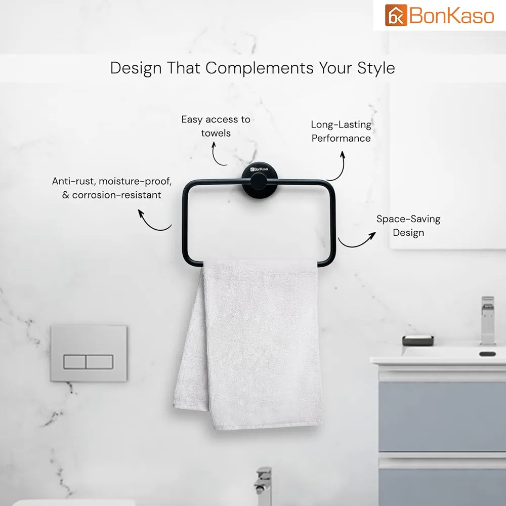 BonKaso 304 Stainless Steel Square Towel Ring – Rustproof Wall Mounted Napkin & Hand Towel Holder for Bathroom, Kitchen & Wash Basin | Space-Saving Modern Design | Matte Black Finish