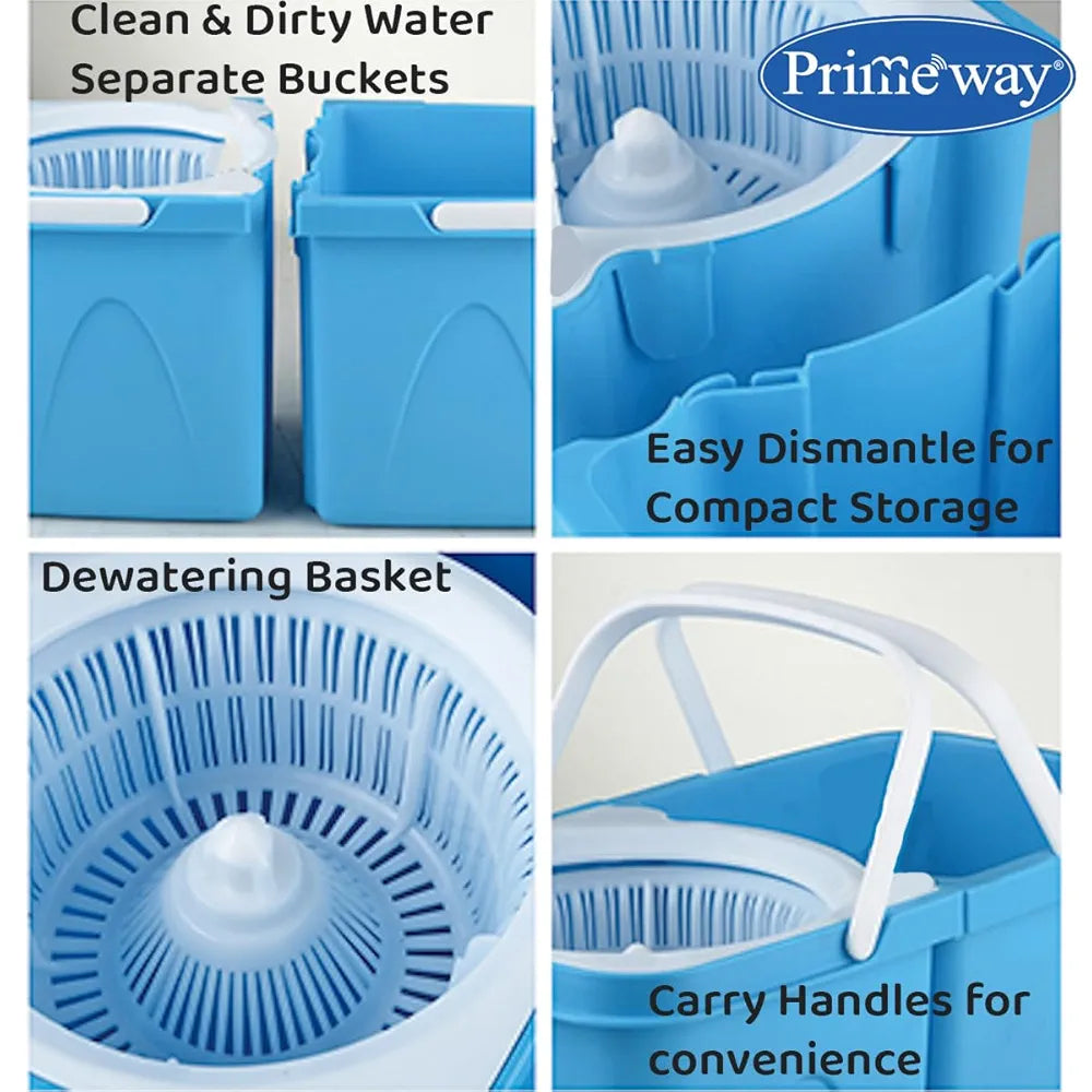 Primeway® Plastic SS Mini Twin Bucket Mop | 360 Rotating Spin | 14cm Disc Microfibre 2 Refills Dia. 36cm | Floor Mopping with Clean & Dirty Water Separator & Outlet | 3 LTR | Blue