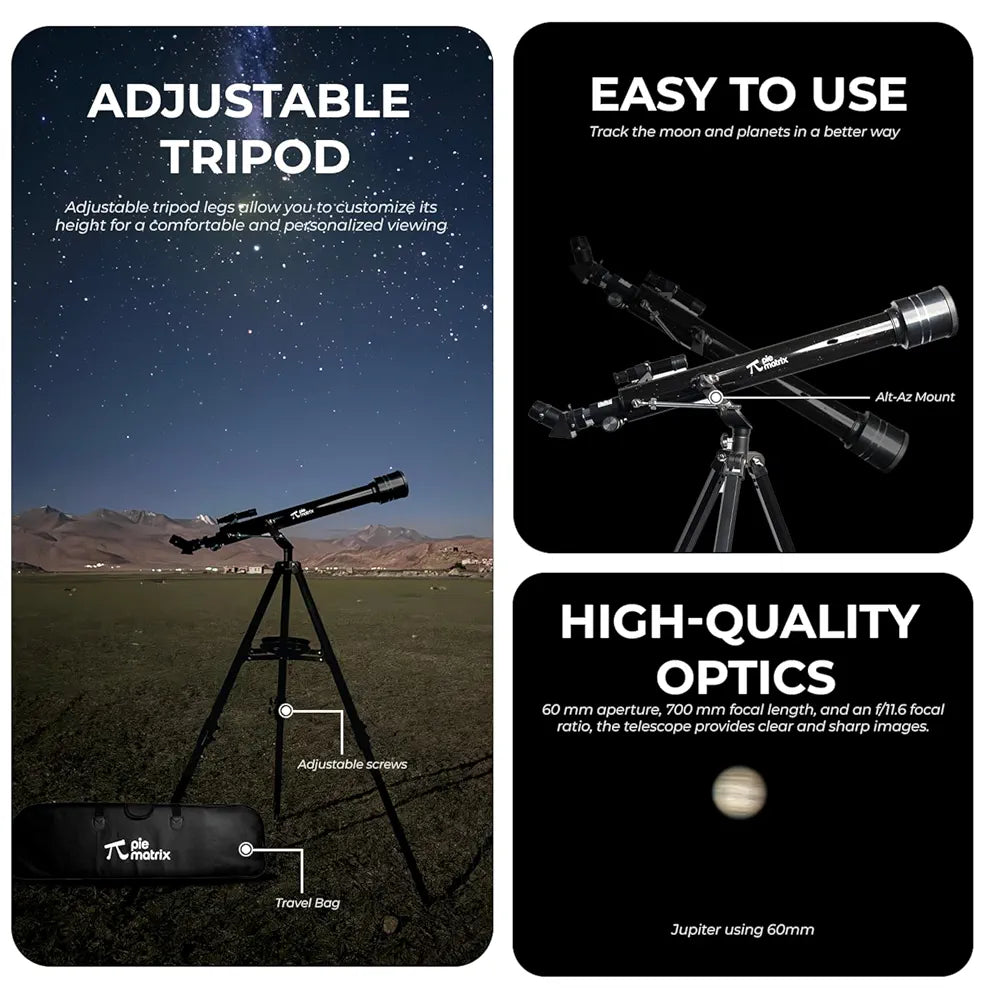 Pie Matrix Phoenix 60700 Astronomical land & Sky Refractor Telescope with 175x Ultra Zoom,Fully Coated Glass Optics, Alt-Az Mount,Professionals to Explore Moon,Saturn Rings, Planets & Deep Sky Objects