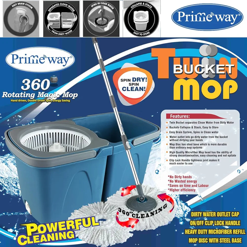 Primeway® Plastic SS Mini Twin Bucket Mop | 360 Rotating Spin | 14cm Disc Microfibre 2 Refills Dia. 36cm | Floor Mopping with Clean & Dirty Water Separator & Outlet | 3 LTR | Blue