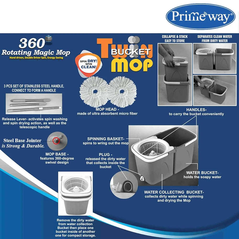 Primeway® Plastic SS Mini Twin Bucket Mop | 360 Rotating Spin | 14cm Disc Microfibre 2 Refills Dia. 36cm | Floor Mopping with Clean & Dirty Water Separator & Outlet | 3 LTR | Blue