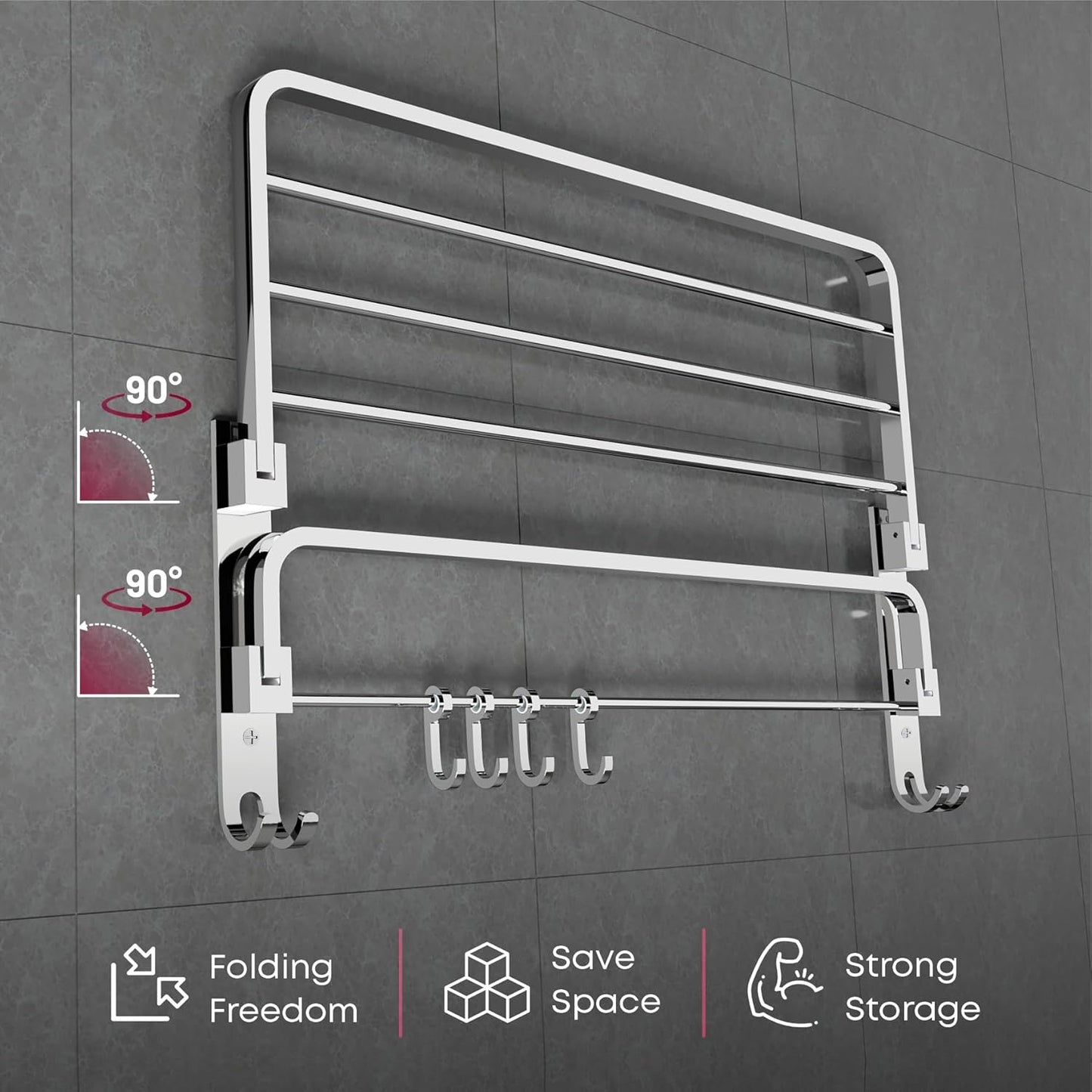 U-S-F BATH ACCESSORIES 24 Inch 304 Grade Stainless Steel Dual Folding Towel Rack/Bathroom Towel Hanger/Foldable Towel Bar for Bathroom Heavy-Duty & Space Saving - Chrome Finish (Pack of 1)