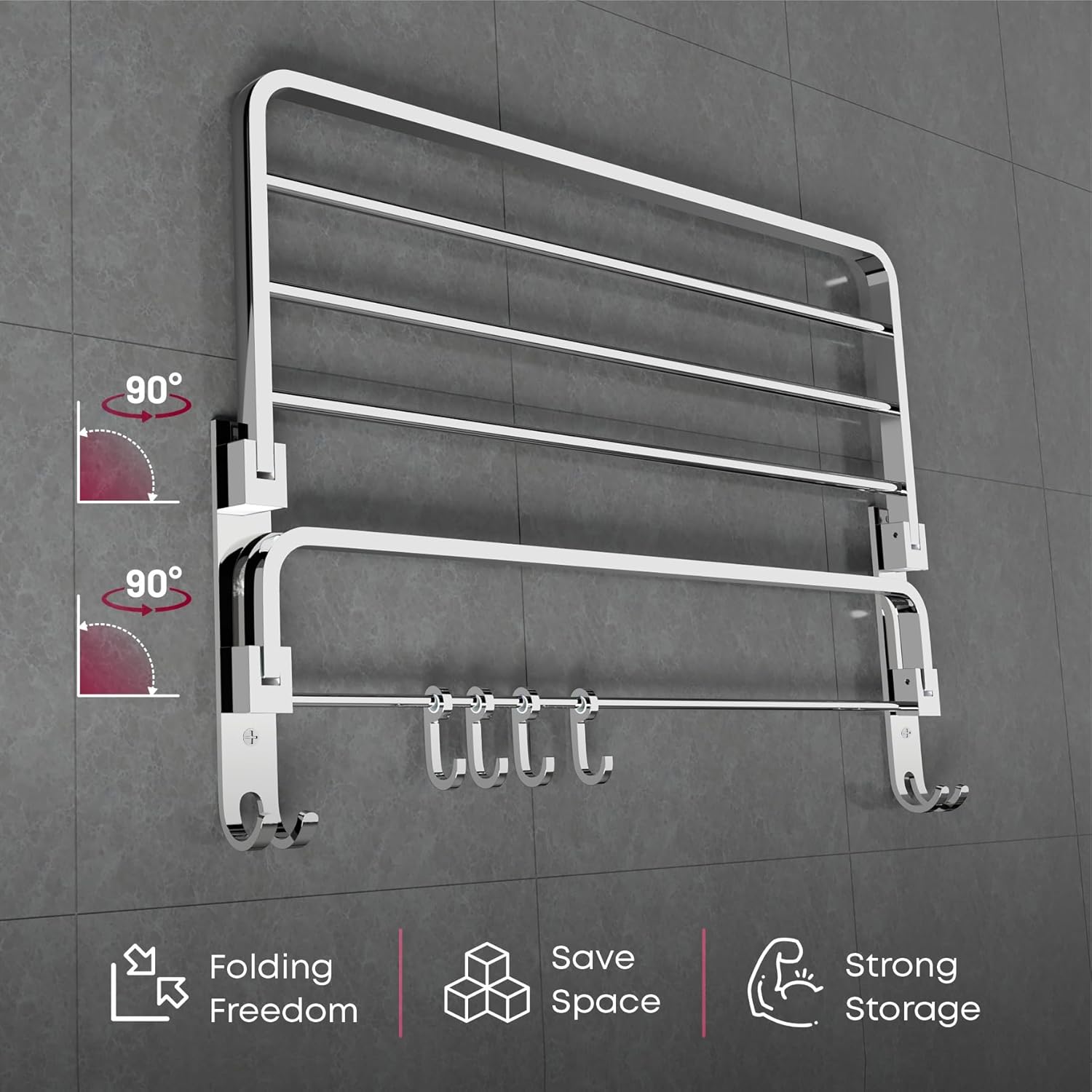 U-S-F BATH ACCESSORIES 24 Inch 304 Grade Stainless Steel Dual Folding Towel Rack/Bathroom Towel Hanger/Foldable Towel Bar for Bathroom Heavy-Duty & Space Saving - Chrome Finish (Pack of 1)