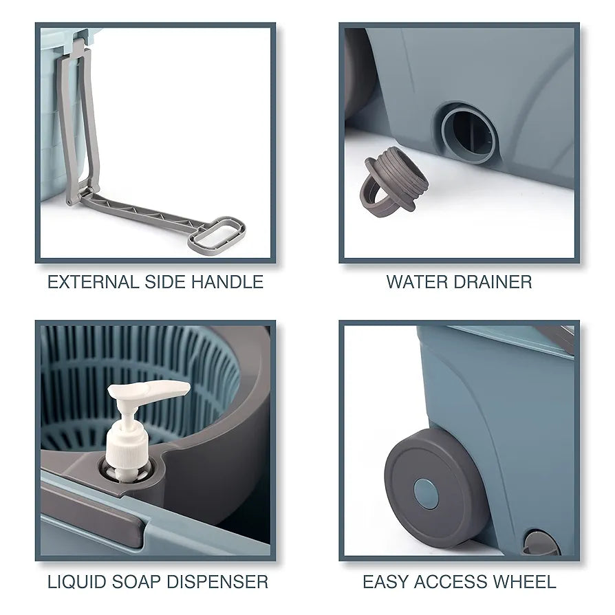 Kleeno by Cello Max Stainless Steel Wringer Spin Mop with Big Wheels, Grey | 360° Flexible Mop with 1 Microfiber Refill & Liquid Dispenser | Easy to Assemble| Durable & Long-Lasting for Home & Office