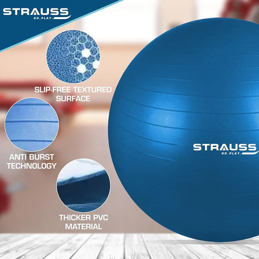 STRAUSS Anti-Burst Rubber Gym Ball with Free Foot Pump | Round Shape Swiss Ball for Exercise, Workout, Yoga, Pregnancy, Birthing, Balance & Stability, 55 cm, 