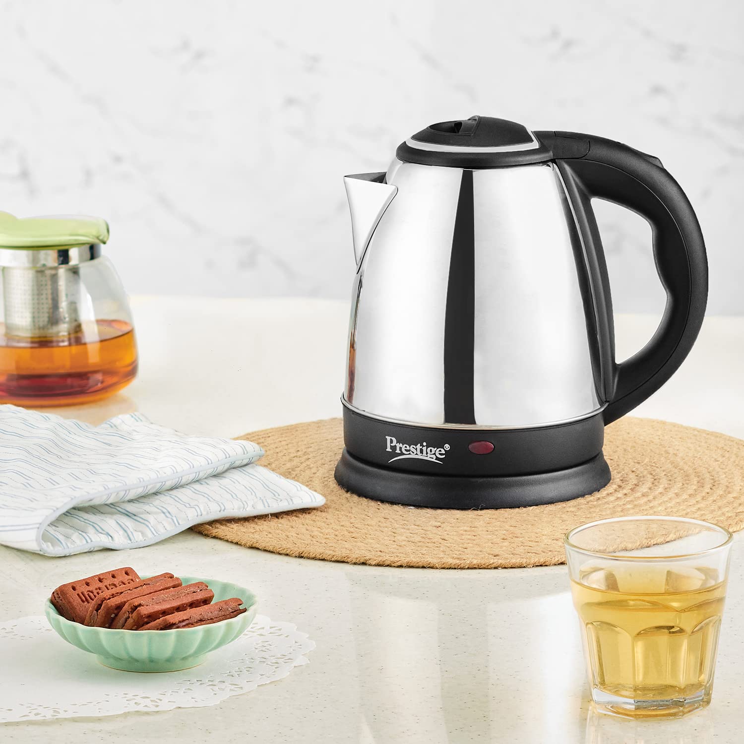 Prestige 1.5 litre PKOSS Stainless Steel Electric Kettle | 1350 Watts| Elegant Design | Cool-touch Handle and Lid | Automatic Cut-Off and Single-Touch Lid Locking. | Silver