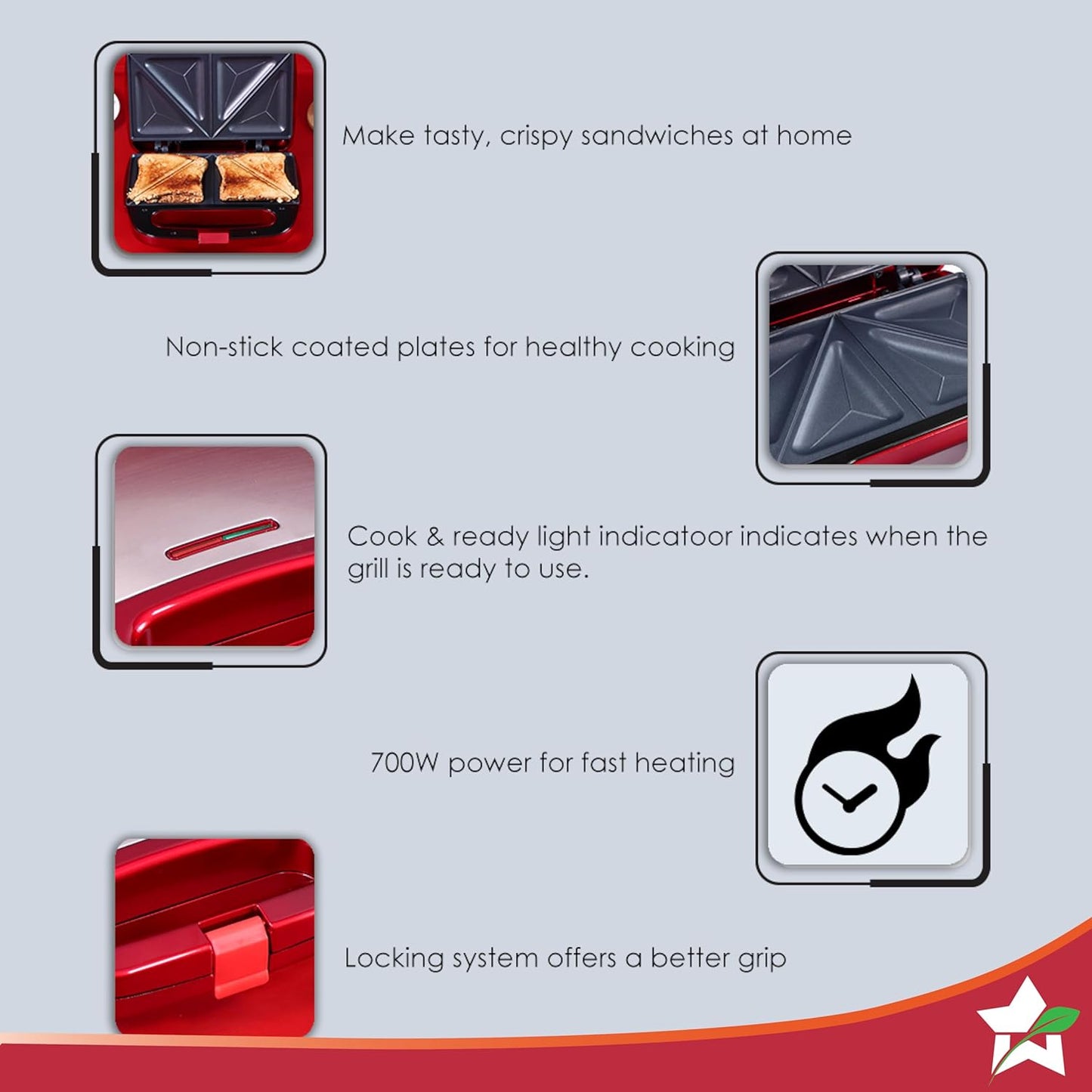 Wonderchef Crimson Edge Non-Stick Electric Griller,Sandwich Maker, Toaster |750 Watt| Auto Temp Control, LED Indicator| Non-Stick Coated Plates, Cool Touch Handle, Buckle Clip Lock| 2 Year Warranty