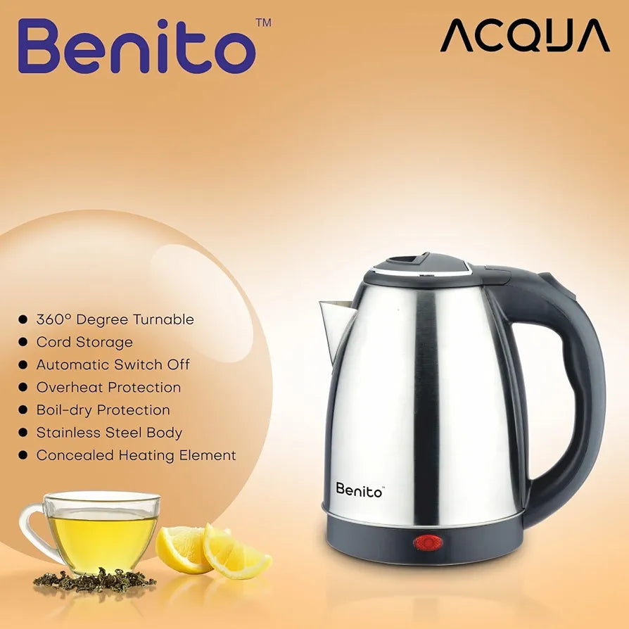 Benito ACQUA Stainless Steel Electric Kettle | 1500W Rapid Boil | 360° Swivel Base, Auto Shut-Off & Boil-Dry Protection | Cool-Touch Handle | Perfect for Tea, Coffee & More | 1.5L, Black & Silver