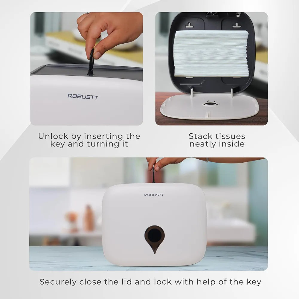 Robustt Wall-Mounted V/N/M Fold Paper Hand Tissue Dispenser - White  | High Capacity | Durable ABS Material | Water-Resistant | Key Locking System 