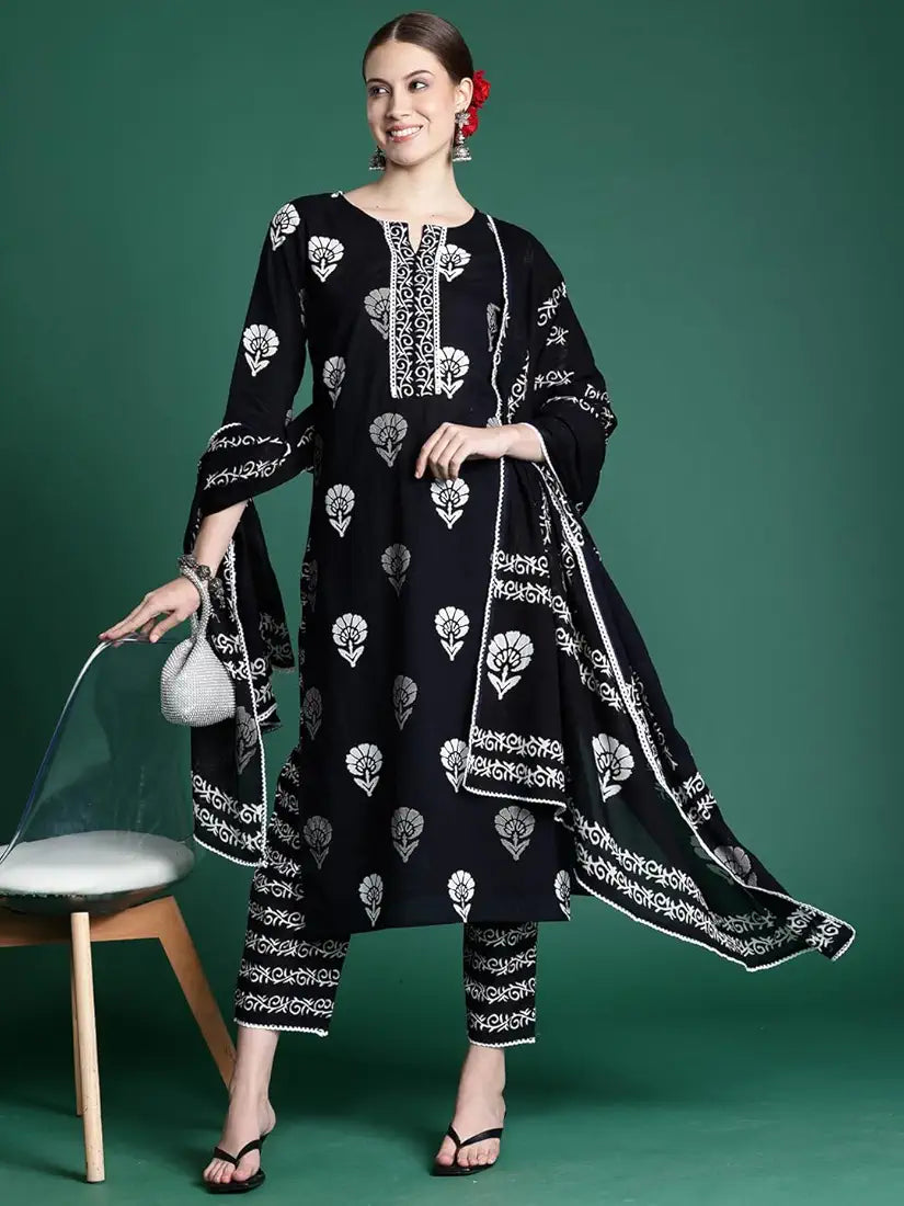 INDO ERA Women's Printed Pure Cotton Straight Kurta Pant With Dupatta Set 