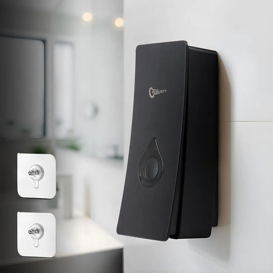 Robustt Manual Wall Mounted Liquid Soap Dispenser - Black  - with Adhesive Hooks | Leak-Proof, Transparent Window, Easy Installation