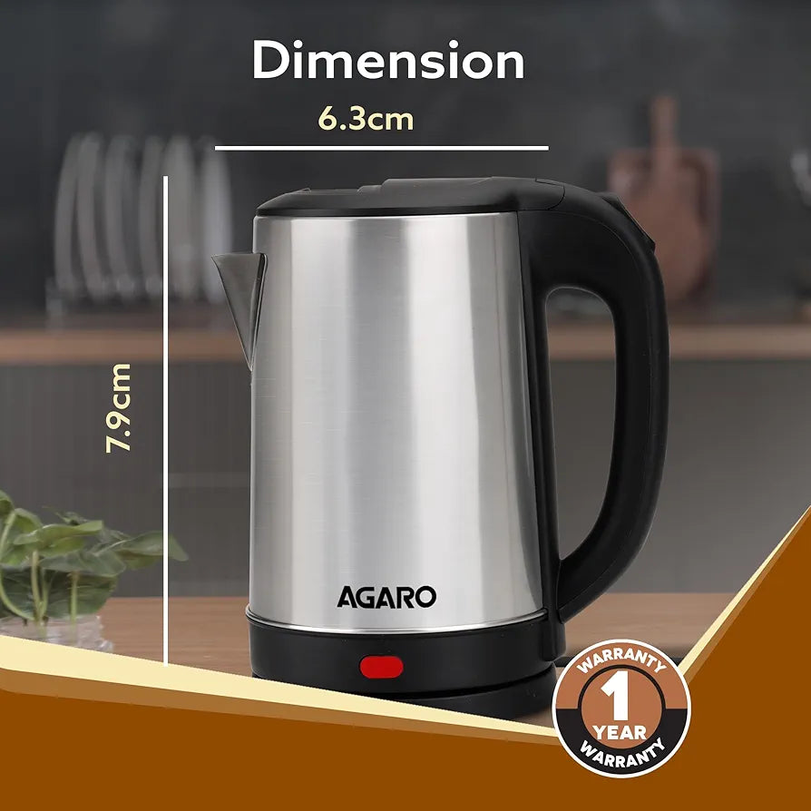 AGARO Sonnet Electric Kettle, 1.5L, 1500W, Stainless Steel Body, Quick Boil, Water Boiler, Hot Water Kettle , For Making Black Tea & Black Coffee, Instant Noodles, Auto Shut Off, Cool Touch Handle