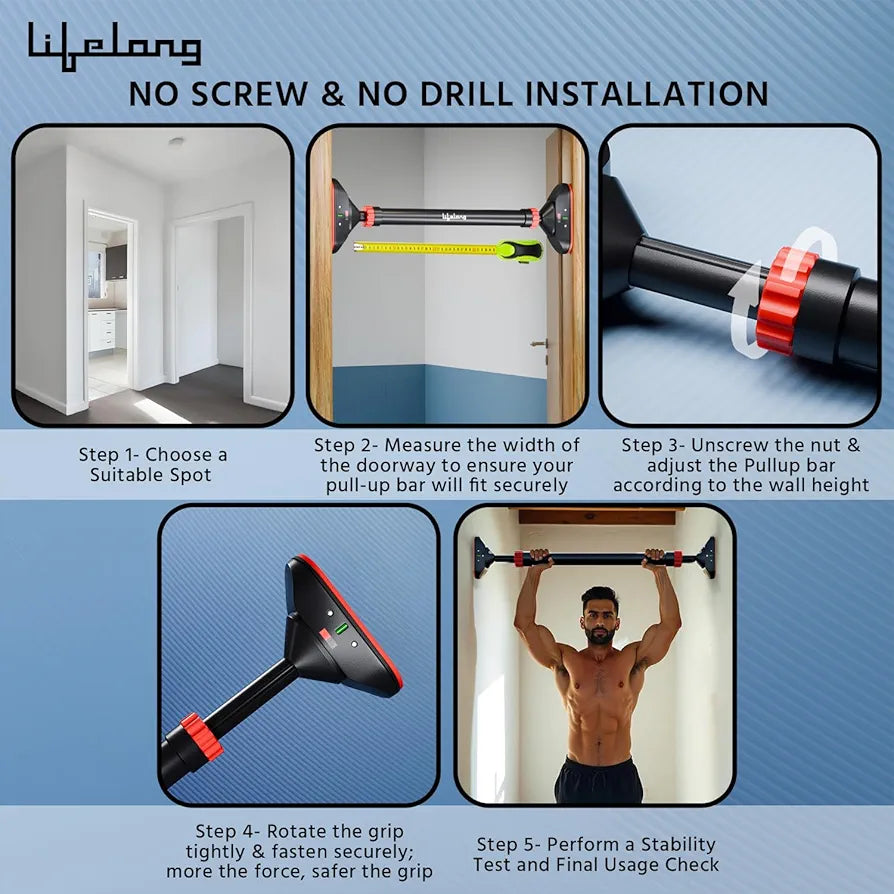 Lifelong Pull Up Bar for Home -Adjustable Rod 65cm to 95cm width, wall mounted without screws -Door Pull up bar to Increase Height -Exercise equipment for Home Gym