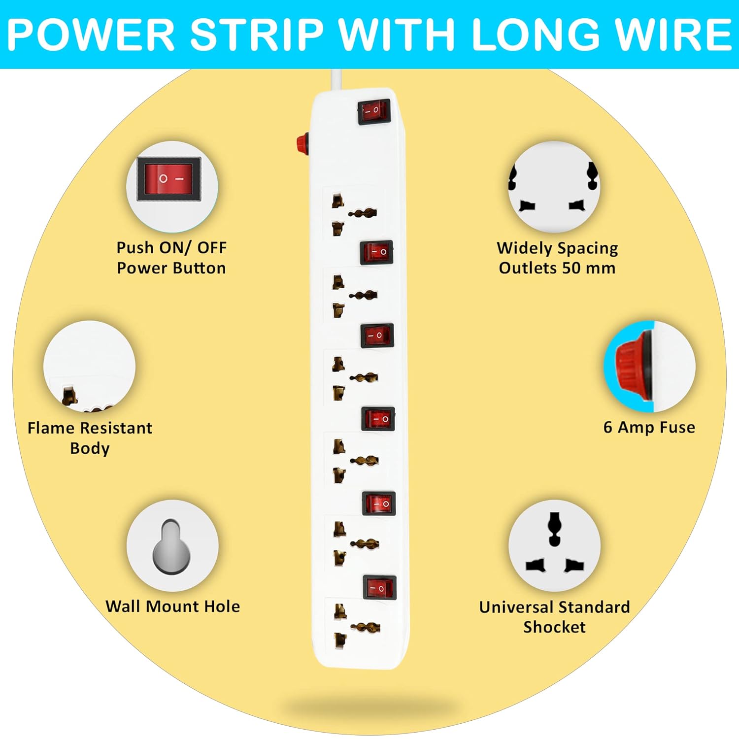 FEDUS 4 Meter Long Extension Board Extension Box|Spike Guard 6 Socket 6 Switch Junction Box With Switch,Extension Cords Cord,Spike Buster,Extension Board With Wire (6 Socket 6 Switch),240 Volts,White