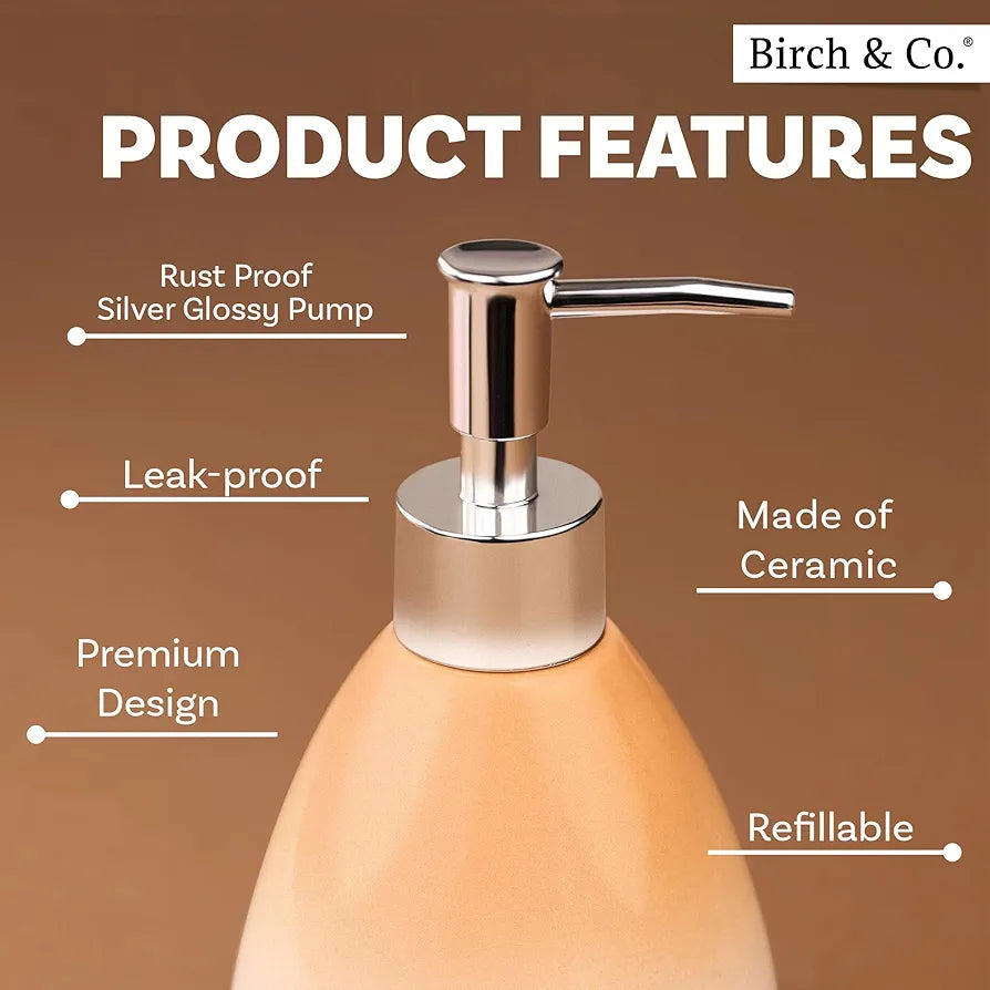 Birch & Co. Ceramic Soap Dispenser For Wash Basin - Handwash Dispenser Bottle - Leak-Proof Design With Silver Glossy BPA-Free Pump, Omra, Peach,Soapdispenser_Omra_Peach