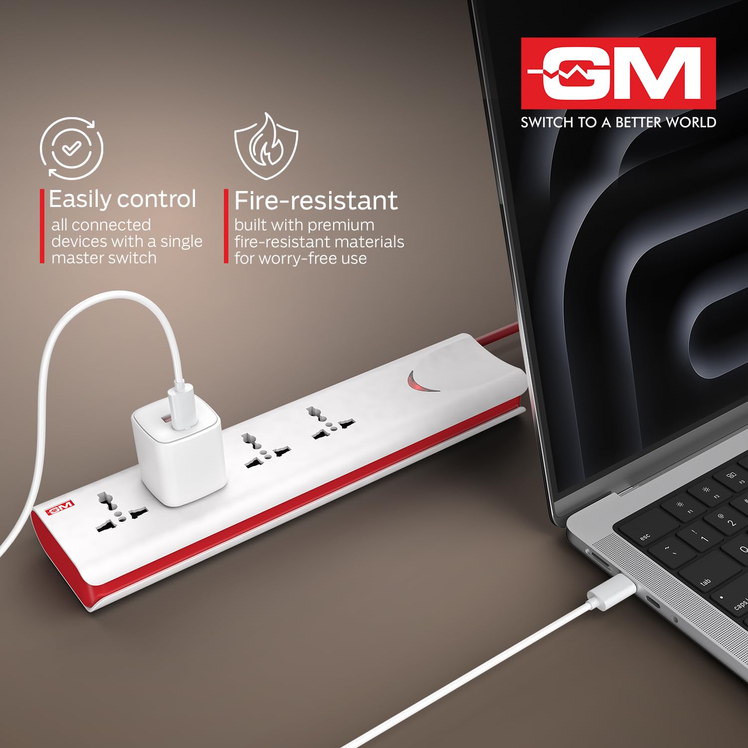 GM 3060 E-Book Power Strip, Extension Cord,Pack of 2, Spike Guard,Fire Retardant Protection,Thermal Trip, Overload Protection, Childsafety Shutter, LED Indicator,2M Cord Length,4 International Sockets