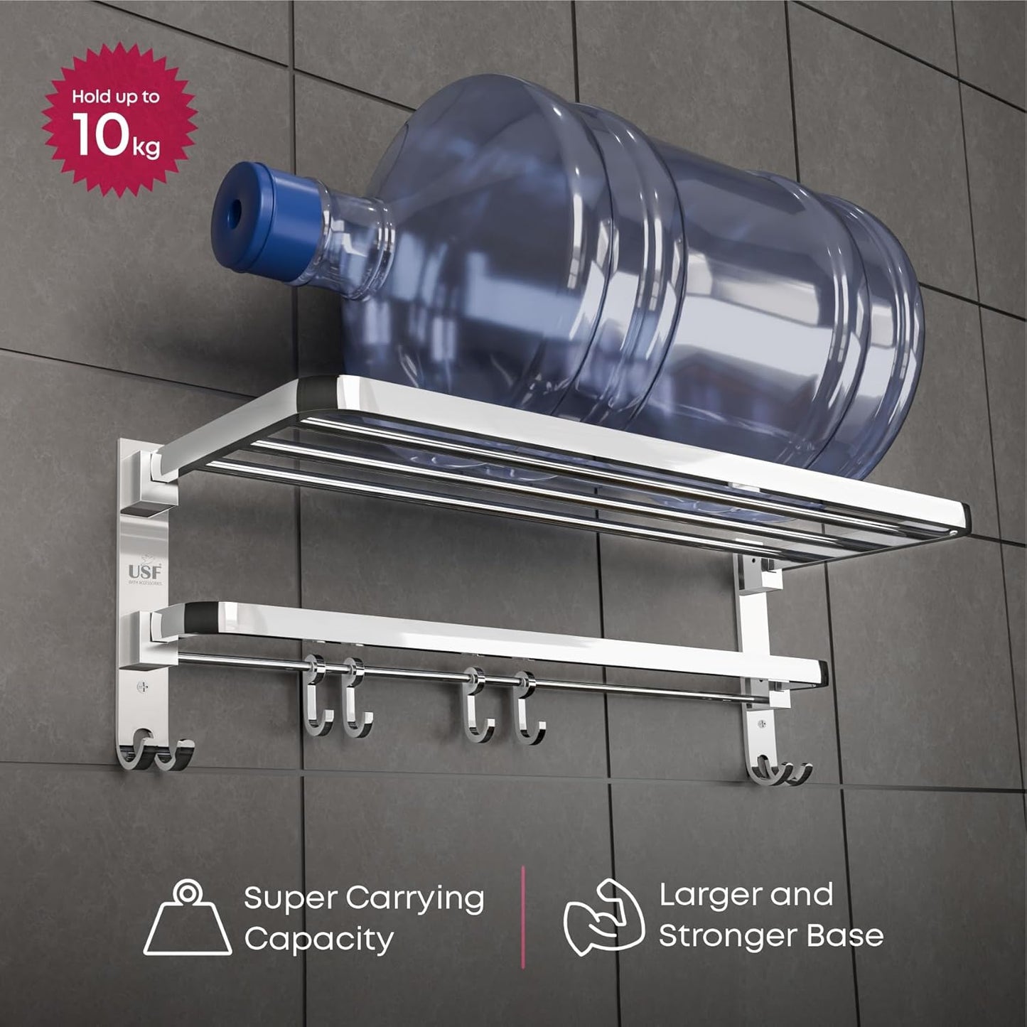 U-S-F BATH ACCESSORIES 24 Inch 304 Grade Stainless Steel Dual Folding Towel Rack/Bathroom Towel Hanger/Foldable Towel Bar for Bathroom Heavy-Duty & Space Saving - Chrome Finish (Pack of 1)