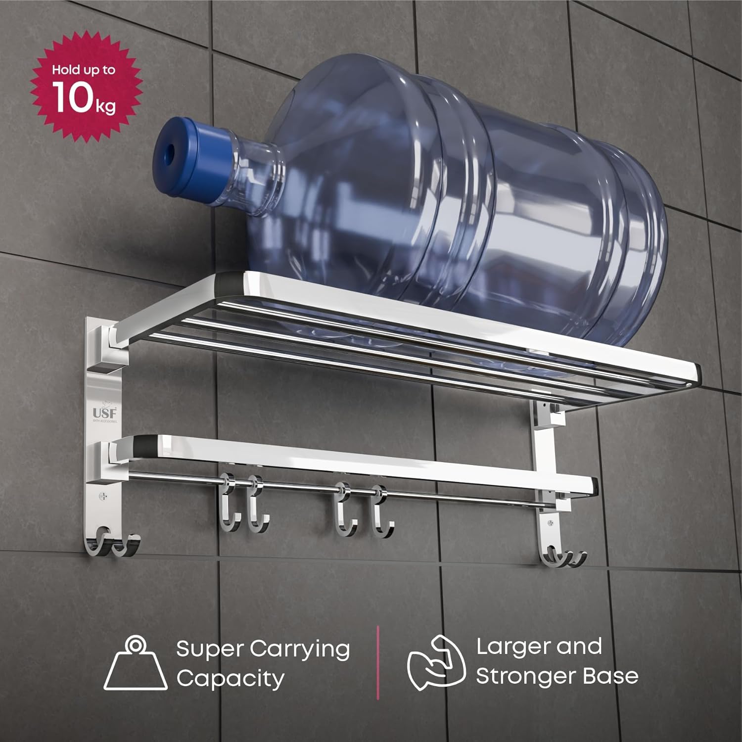U-S-F BATH ACCESSORIES 24 Inch 304 Grade Stainless Steel Dual Folding Towel Rack/Bathroom Towel Hanger/Foldable Towel Bar for Bathroom Heavy-Duty & Space Saving - Chrome Finish (Pack of 1)