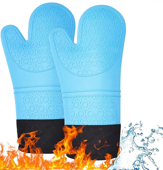 DOCOSS Large Silicone Oven Mitts Cotten Quilted Silicone Heat Proof Kitchen Oven Gloves for Baking 37.3 x 18.3 cms, 2 pc Set, Blue
