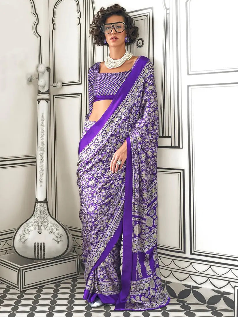 AKHILAM Women's Multicolor Crepe Ajrak Printed Saree With Unstitched Blouse Piece 