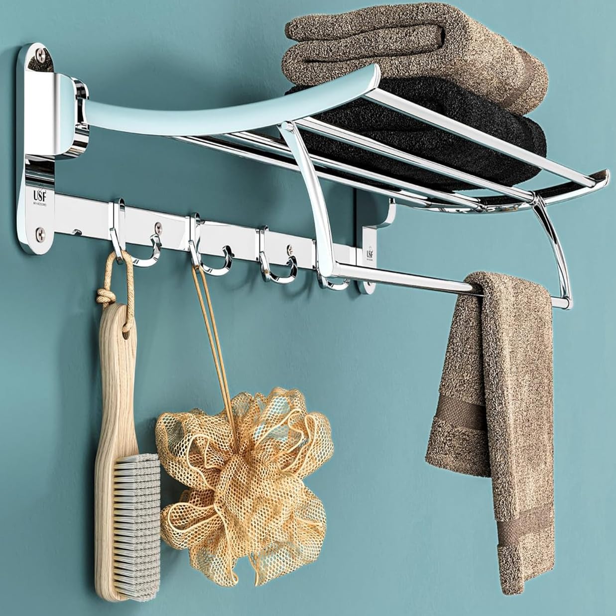 U-S-F BATH ACCESSORIES 24 Inch 304 Grade Stainless Steel Dual Folding Towel Rack/Bathroom Towel Hanger/Foldable Towel Bar for Bathroom Heavy-Duty & Space Saving - Chrome Finish (Pack of 1)