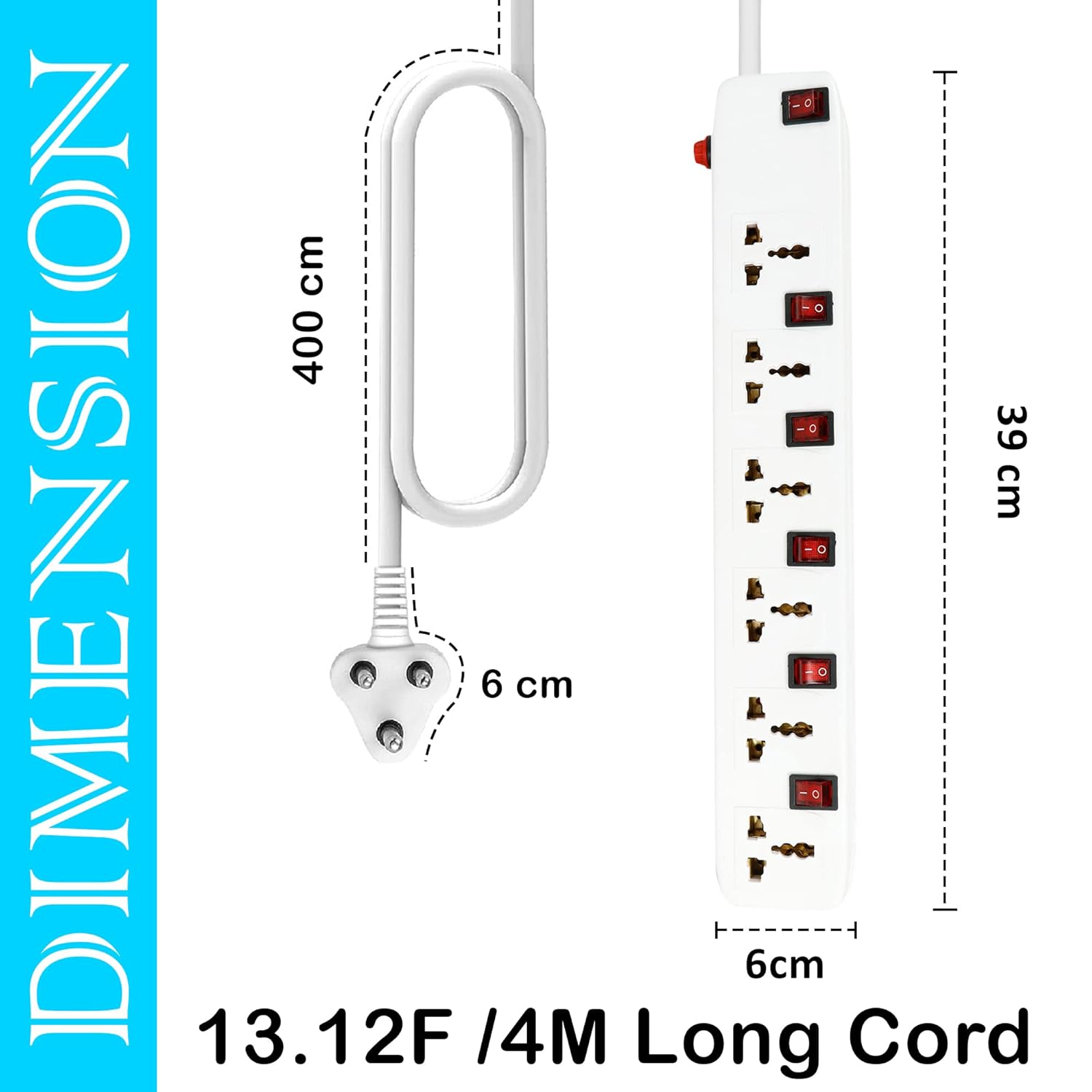 FEDUS 4 Meter Long Extension Board Extension Box|Spike Guard 6 Socket 6 Switch Junction Box With Switch,Extension Cords Cord,Spike Buster,Extension Board With Wire (6 Socket 6 Switch),240 Volts,White