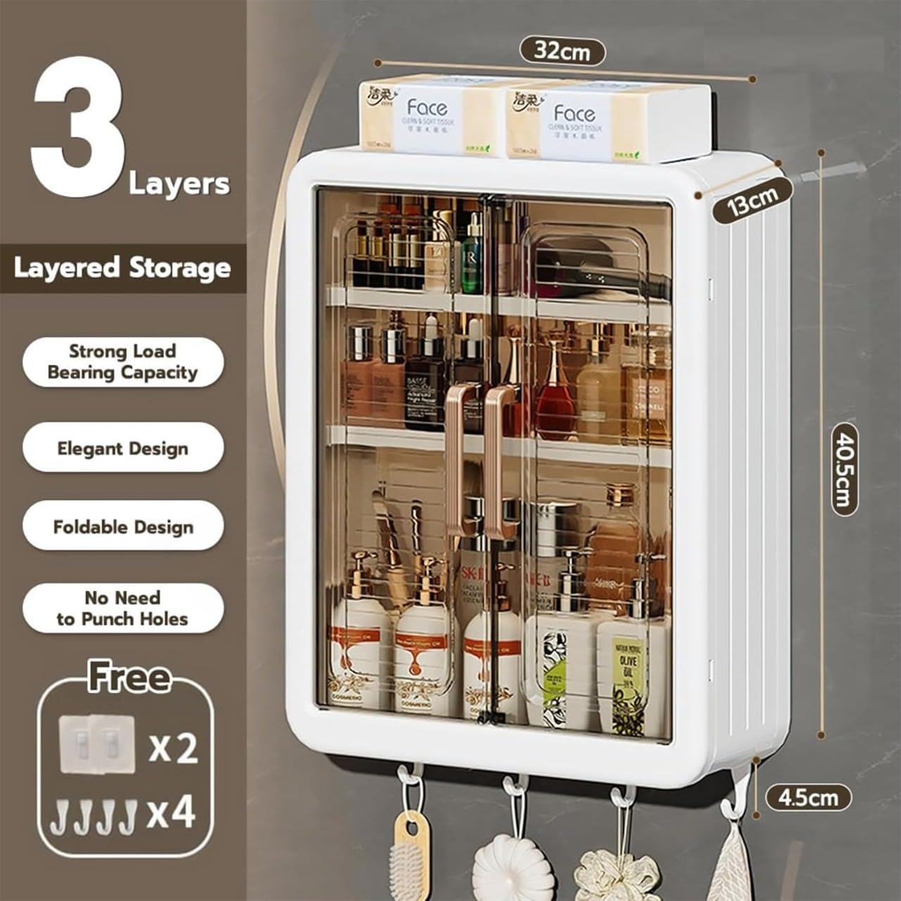 ALLWIN HOUSEWARE W Abs Self-Adhesive No-Drill Bathroom Shelf & Storage Cabinet - Wall Organiser for Bathroom Essentials, Makeup, Skincare with 2 Doors, 32 x 40.5 x 13cm (White, 3 Layer)