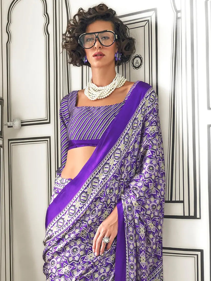 AKHILAM Women's Multicolor Crepe Ajrak Printed Saree With Unstitched Blouse Piece 