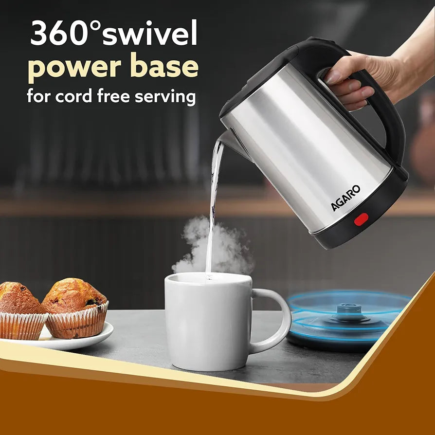 AGARO Sonnet Electric Kettle, 1.5L, 1500W, Stainless Steel Body, Quick Boil, Water Boiler, Hot Water Kettle , For Making Black Tea & Black Coffee, Instant Noodles, Auto Shut Off, Cool Touch Handle