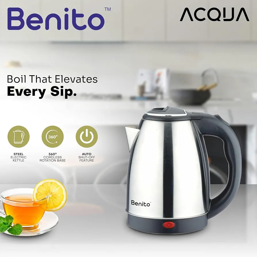 Benito ACQUA Stainless Steel Electric Kettle | 1500W Rapid Boil | 360° Swivel Base, Auto Shut-Off & Boil-Dry Protection | Cool-Touch Handle | Perfect for Tea, Coffee & More | 1.5L, Black & Silver