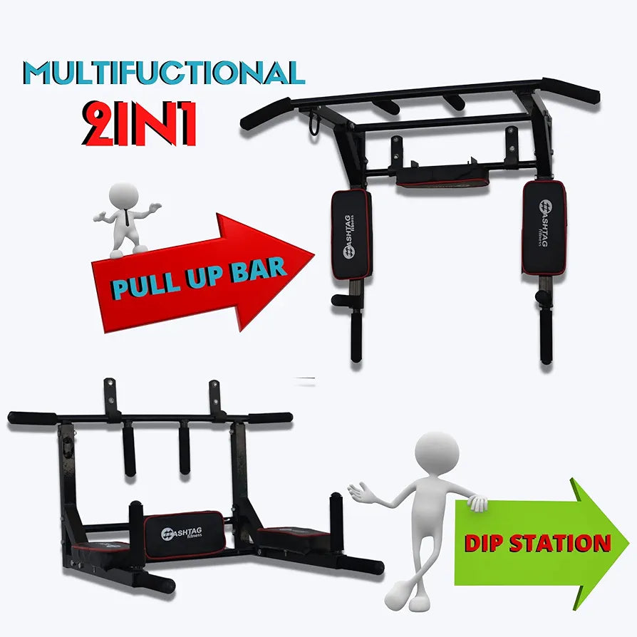 HASHTAG FITNESS Wall mount pull up bar, 3 in 1, dips station, home gym equipments, height increasing equipments for men,kids and women 