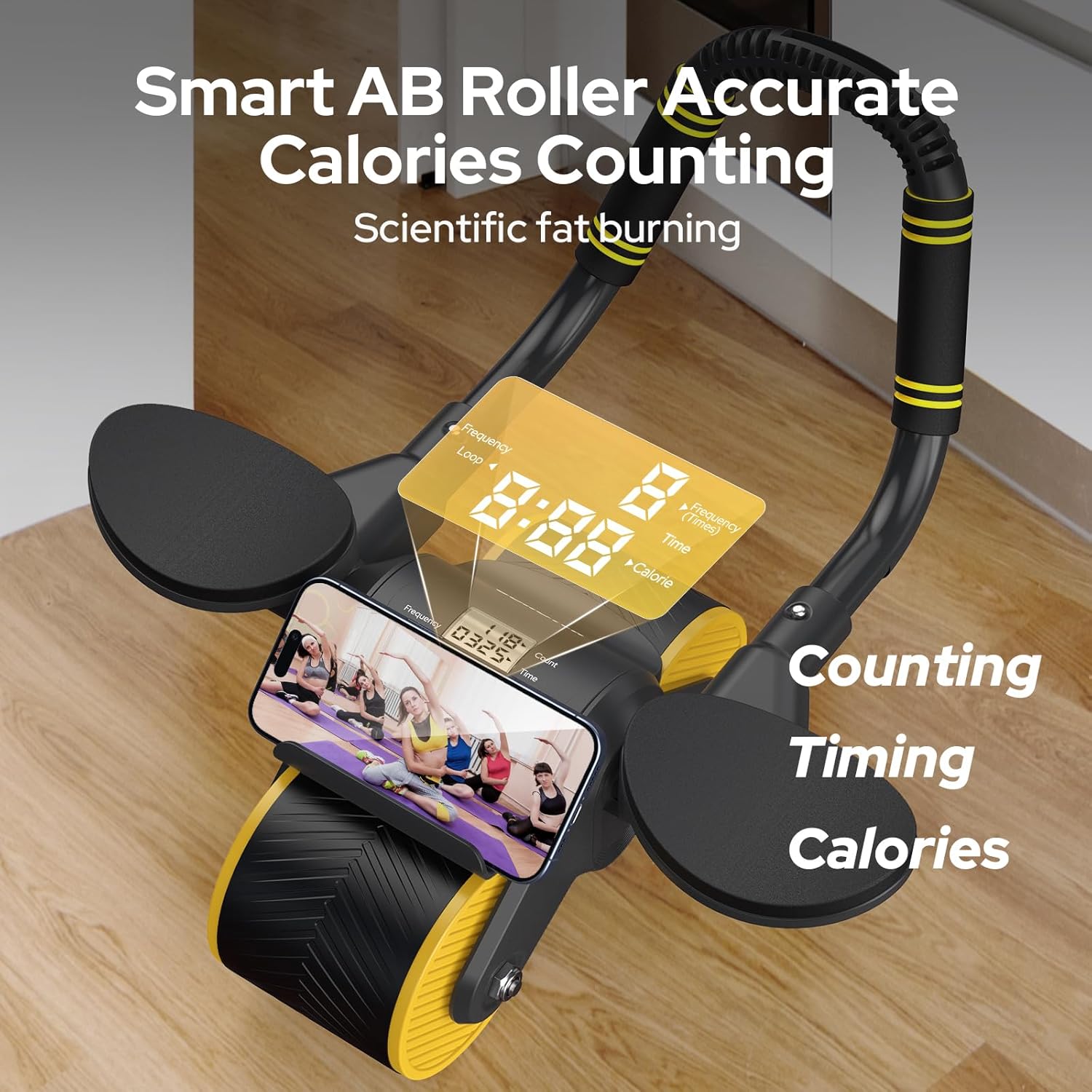 Halohop AB Roller Wheel With Calorie Record Counting Exercise Wheel For Abdominal Core Strength Training, Automatic Rebound,Premium Abdominal AB Roller With Phone Holder For Men Women,Black