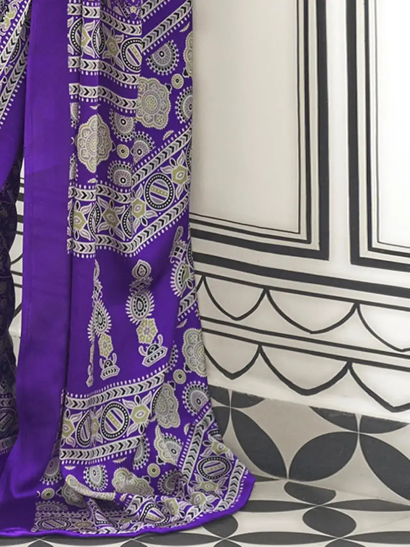 AKHILAM Women's Multicolor Crepe Ajrak Printed Saree With Unstitched Blouse Piece 