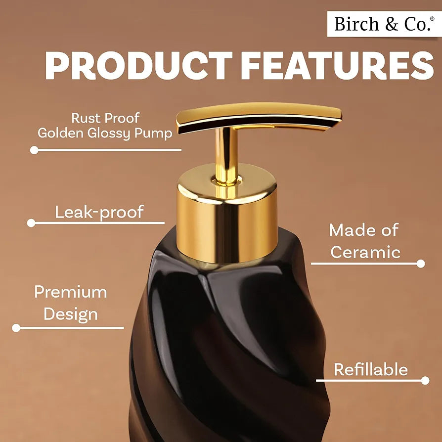 Birch & Co. Ceramic Soap Dispenser For Wash Basin - Handwash Dispenser Bottle - Leak-Proof Design With Silver Glossy BPA-Free Pump, Modern, Black,Soapdispenser_Modern_Black