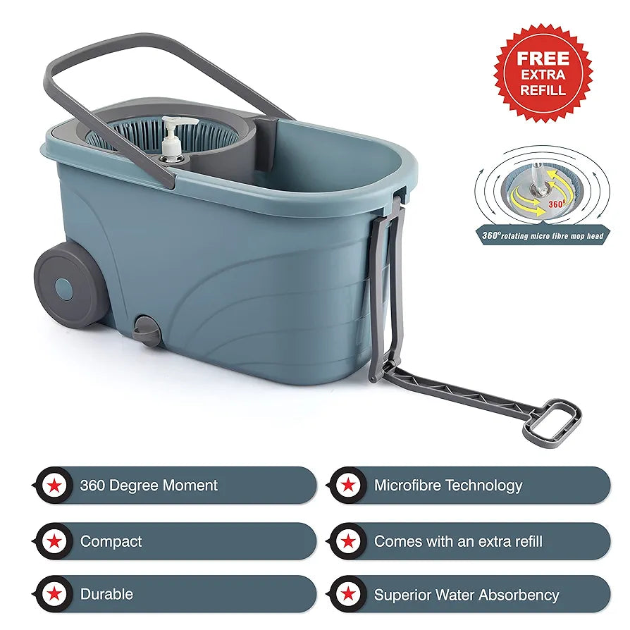 Kleeno by Cello Max Stainless Steel Wringer Spin Mop with Big Wheels, Grey | 360° Flexible Mop with 1 Microfiber Refill & Liquid Dispenser | Easy to Assemble| Durable & Long-Lasting for Home & Office