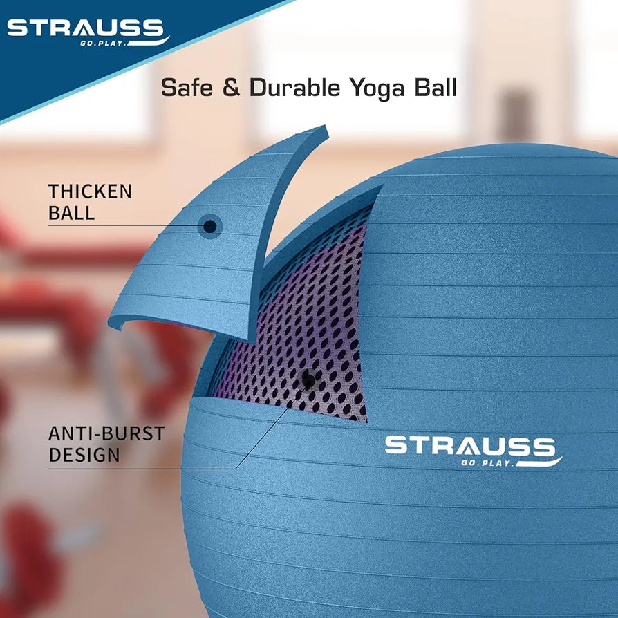 STRAUSS Anti-Burst Rubber Gym Ball with Free Foot Pump | Round Shape Swiss Ball for Exercise, Workout, Yoga, Pregnancy, Birthing, Balance & Stability, 55 cm, 