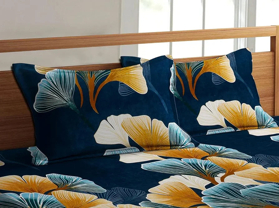 RD TREND Presents Luxurious Glace Cotton Super Soft 210 TC 360° Elastic Fitted Leafs Bedsheet Queen Size  with 2 Pillow Covers, Color-Teal Blue