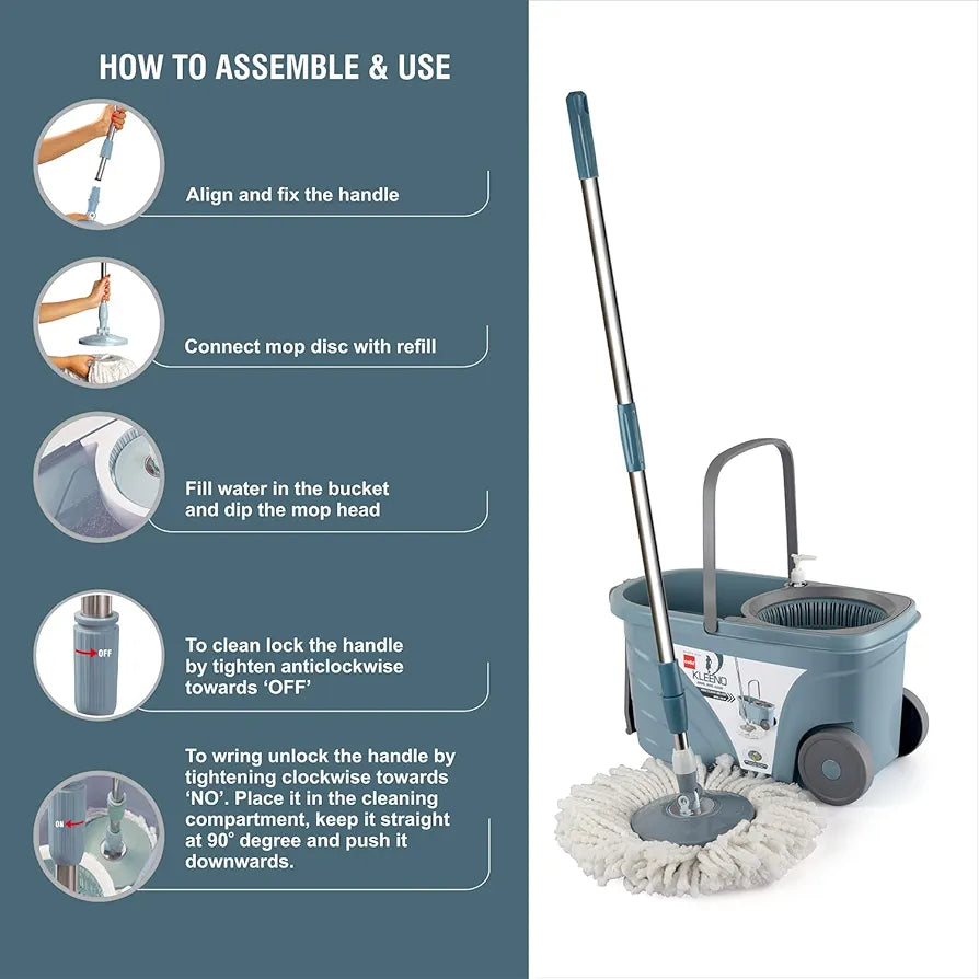 Kleeno by Cello Max Stainless Steel Wringer Spin Mop with Big Wheels, Grey | 360° Flexible Mop with 1 Microfiber Refill & Liquid Dispenser | Easy to Assemble| Durable & Long-Lasting for Home & Office