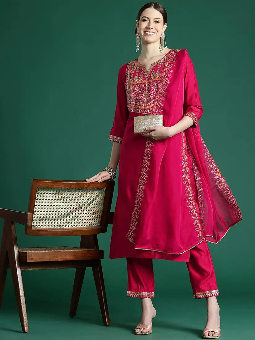 INDO ERA Women's Liva Cotton Blend Embroidered Straight Kurti Pant and Dupatta Set 