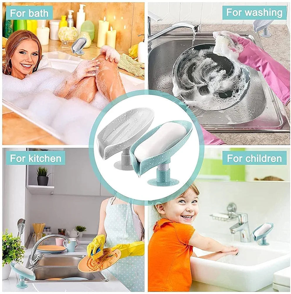 Six Sigma Leaf-Shape Self Draining Soap Dish Holder, Easy Clean Soap Dish for Shower with Suction Cup Creative soap Box, for Bathroom, Kitchen, Bathtub, Wash basins 
