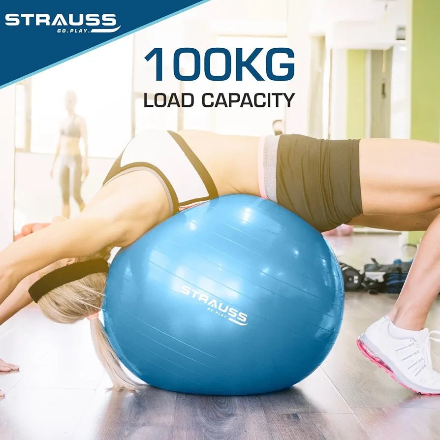STRAUSS Anti-Burst Rubber Gym Ball with Free Foot Pump | Round Shape Swiss Ball for Exercise, Workout, Yoga, Pregnancy, Birthing, Balance & Stability, 55 cm, 