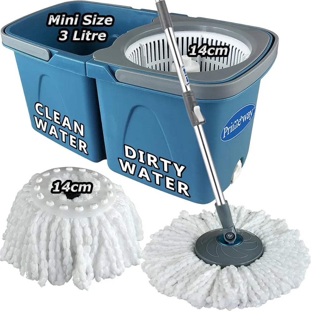 Primeway® Plastic SS Mini Twin Bucket Mop | 360 Rotating Spin | 14cm Disc Microfibre 2 Refills Dia. 36cm | Floor Mopping with Clean & Dirty Water Separator & Outlet | 3 LTR | Blue