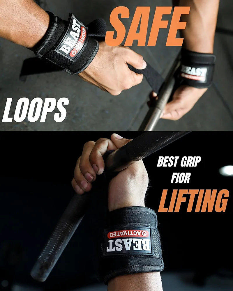 EasyHealth Beast Activated Deadlift Weight lifting Wrist Straps For Gym Hand Grips Band Support With Soft Cushioned Padding And Long Straps, For Max Grip And Barbell Stability