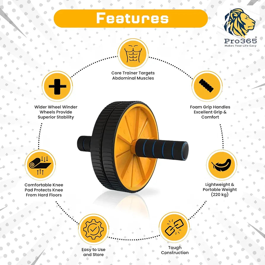 PRO365 Abs Roller | Ab Wheel With Anti Rust S.Steel Rod | Home Gym Equipment Abs Workouts 100 Kgs | Core Workouts | 6MM Safe Knee Mat | Lifetime Brand Warranty |
